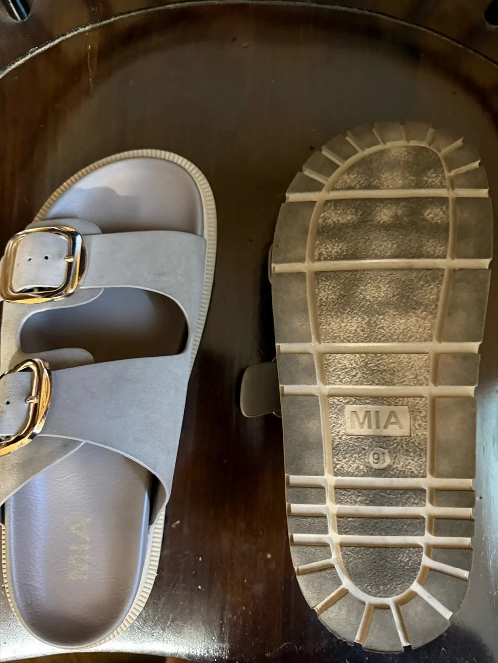 Mia Gen Sandal- taupe with gold buckles